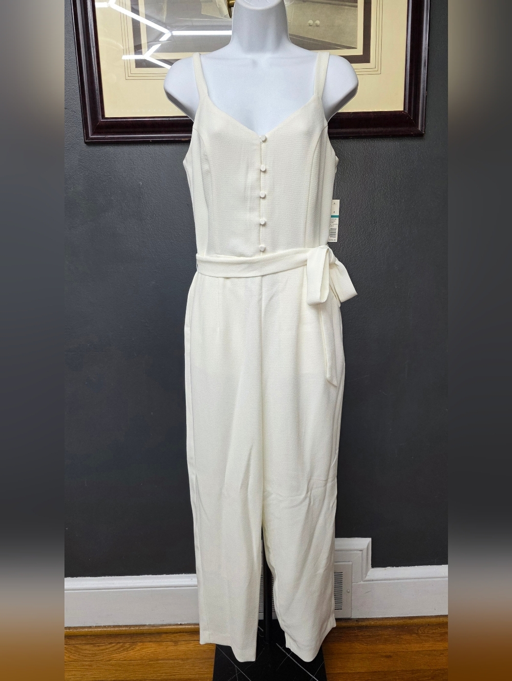 The Limited Ivory Sleeveless V-Neck Jumpsuit with Waist Tie